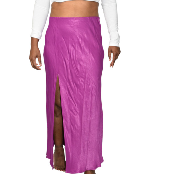 Anthropologie Satin Slip Skirt Purple Magenta Slit Midi Column Viscose Medium - Picture 14 of 14